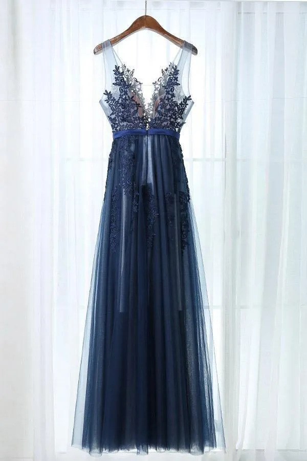 A-Line V-Neck Floor-Length Navy Blue Tulle Prom Dress with Appliques  PSK102