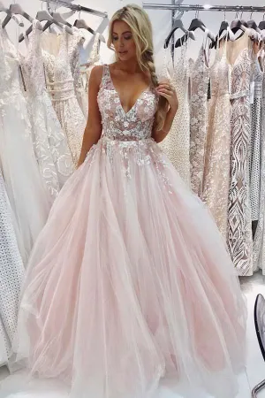 A-Line V-Neck Floor-Length Pink Prom Dress with Appliques Beading PSK053