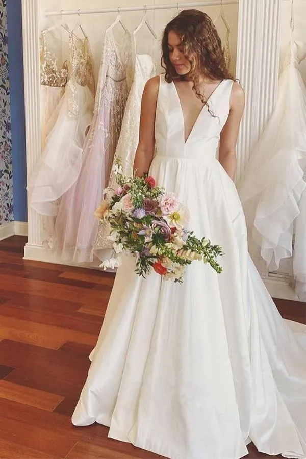 A-line V Neck Ivory Satin Simple Elegant Wedding Dresses WD488