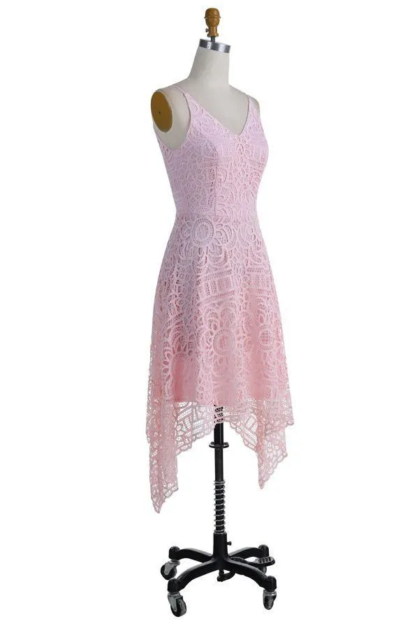 A-Line V-Neck Pearl Pink Lace Bridesmaid/Prom/Homecoming Dress BD053