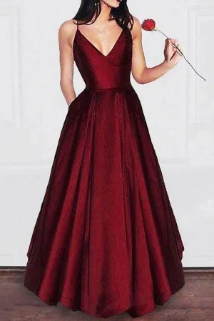 A-line V-neck Spaghetti Strap Burgundy Prom Dresses Long Evening Gowns   PG679