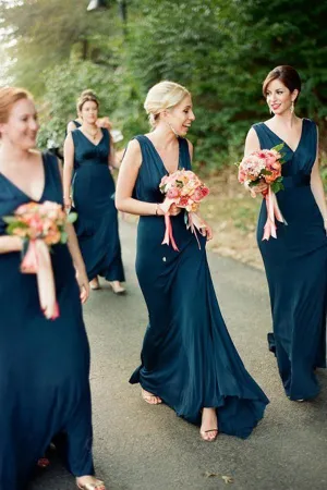 A-Line V-Neck Sweep Train Backless Navy Blue Bridesmaid Dress BD081