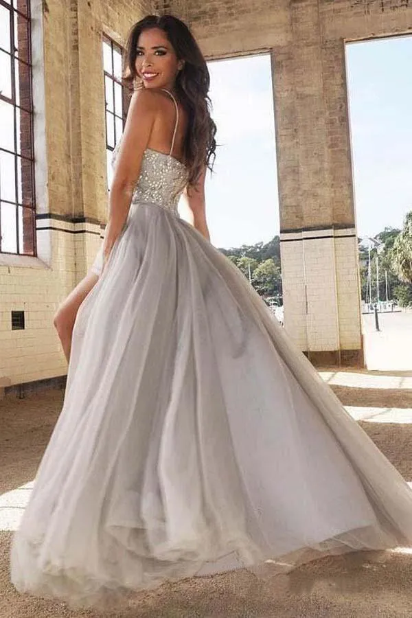 A-line/Princess Sweetheart Neck Silver Tulle Long Prom Dresses PG782