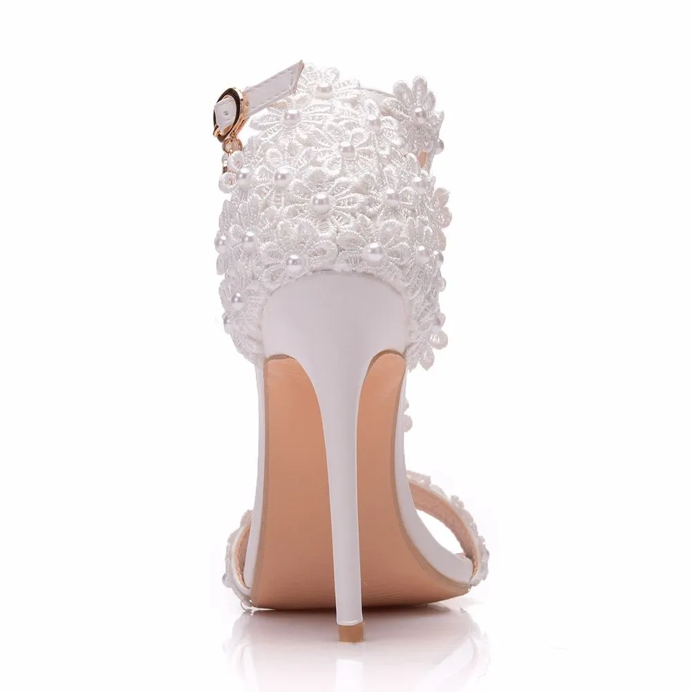 Ankle Strap White Lace Flowers Pearl Tassel Fine High Heels