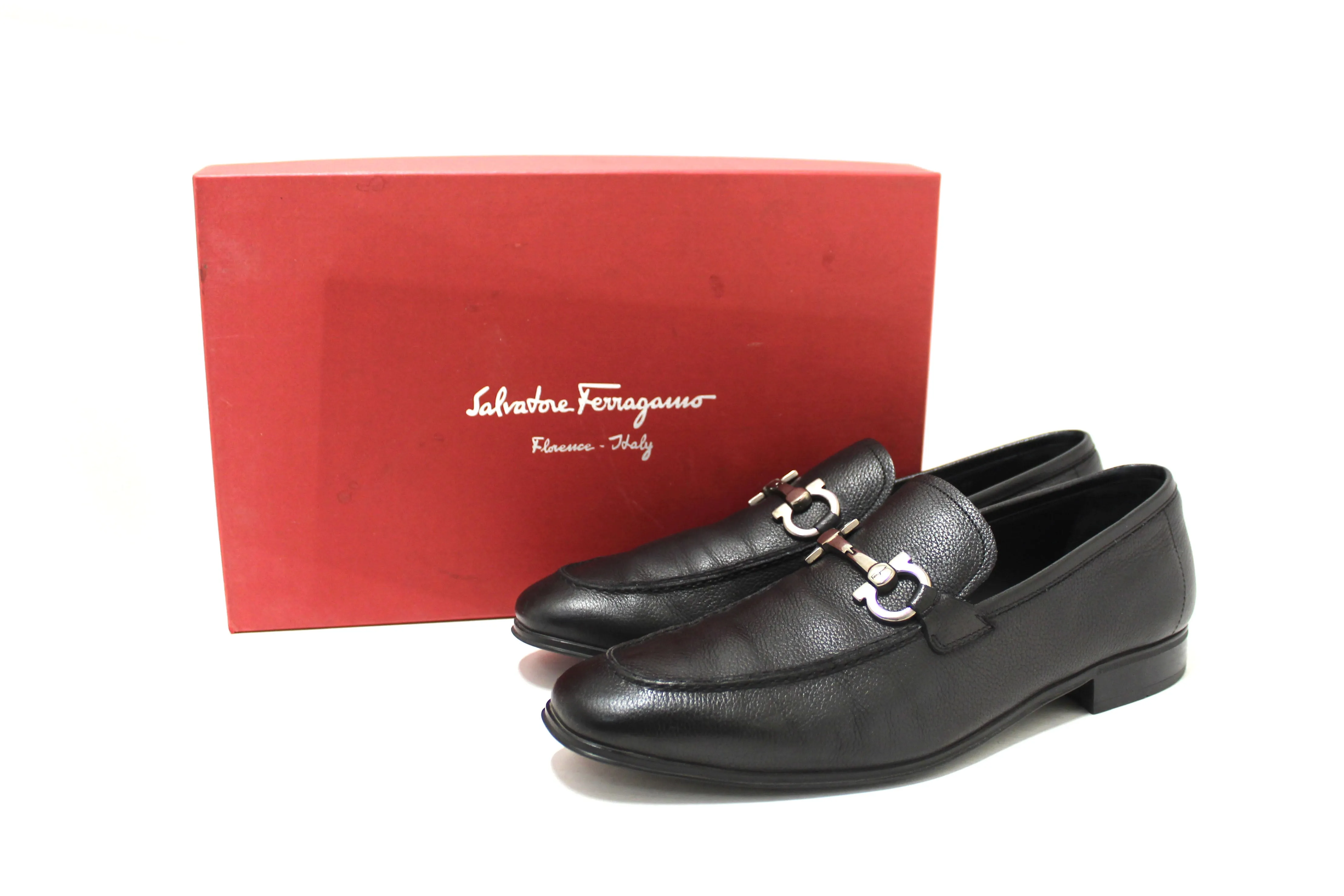 Authentic Salvatore Ferragamo Men's Black Flori Calf Leather Loafer Dress Shoes size 8