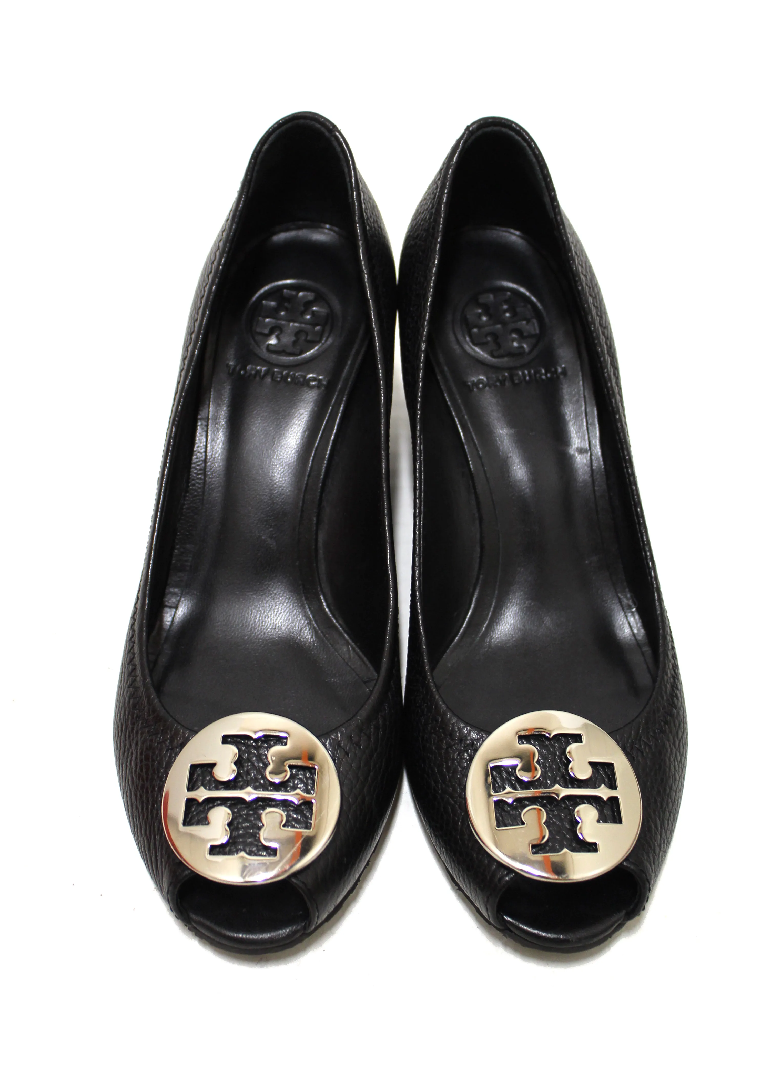 Authentic Tory Burch Sally 2 Black Leather Peep Toe Wedge Heel size 7.5