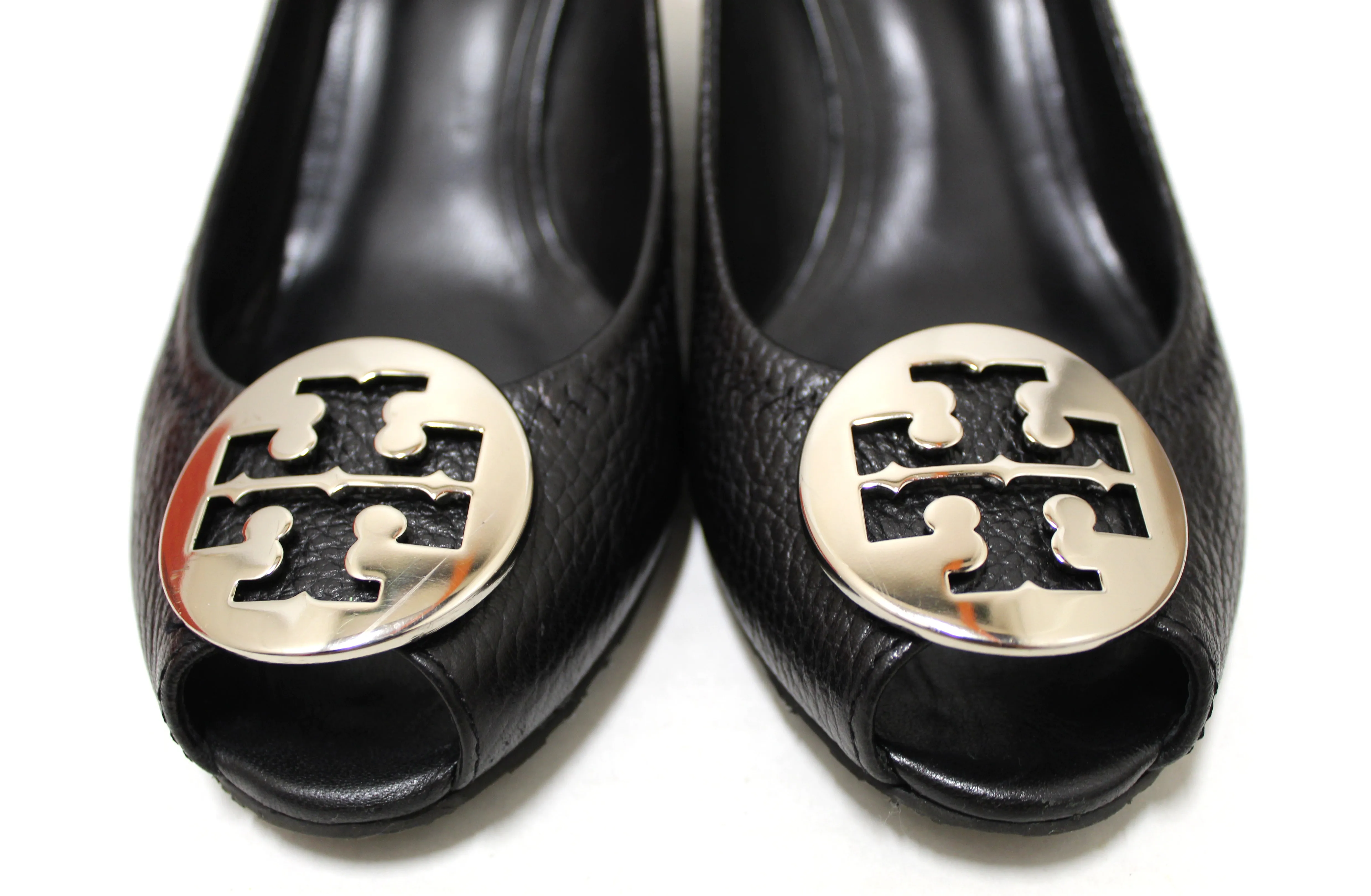 Authentic Tory Burch Sally 2 Black Leather Peep Toe Wedge Heel size 7.5