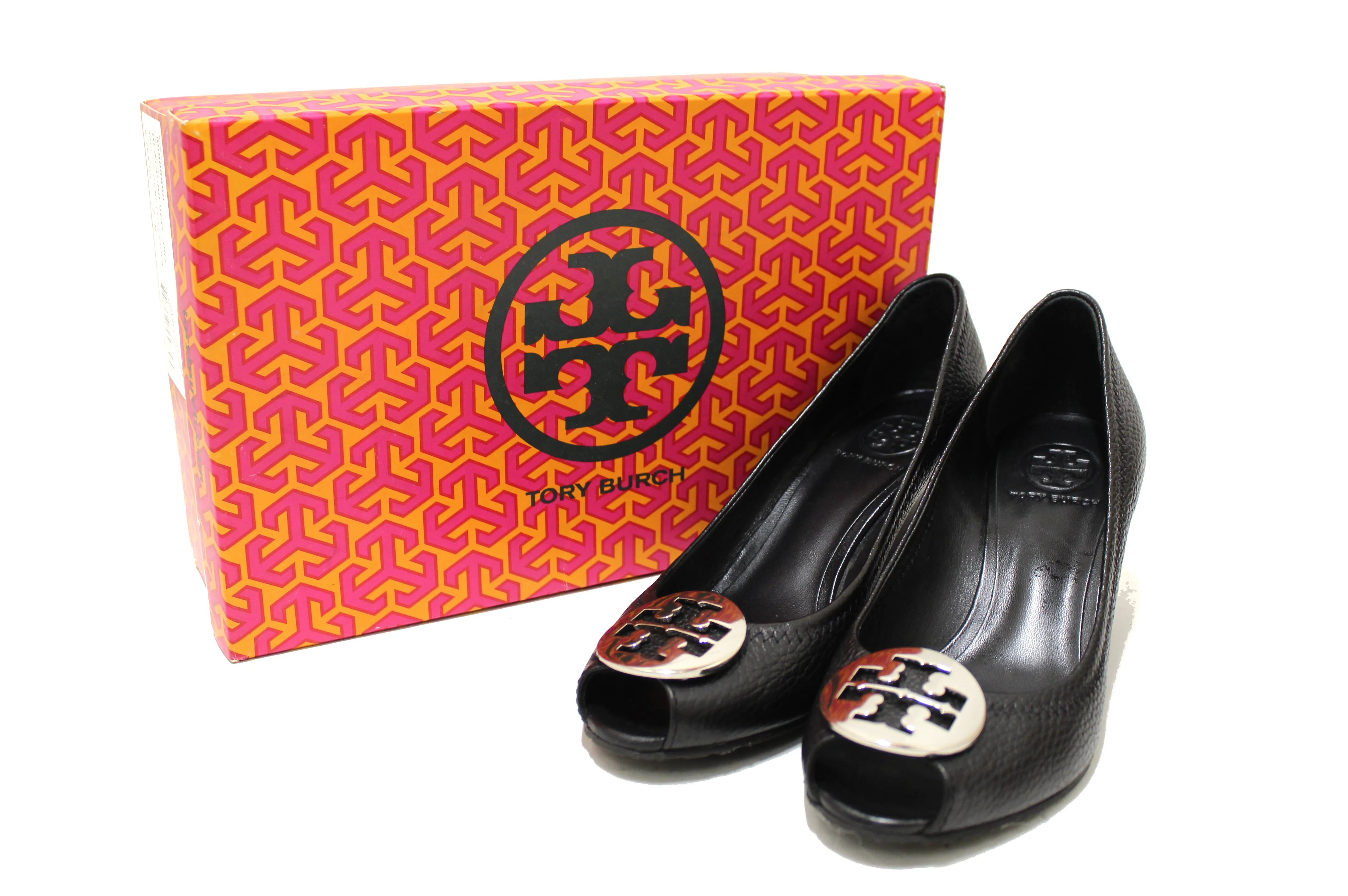 Authentic Tory Burch Sally 2 Black Leather Peep Toe Wedge Heel size 7.5