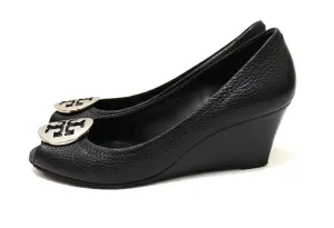 Authentic Tory Burch Sally 2 Black Leather Peep Toe Wedge Heel size 7.5