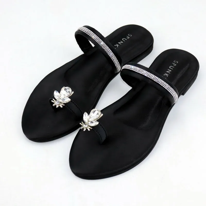 Bee Thong Flats Fancy Rhinestone Strap Padded Sole Slipper