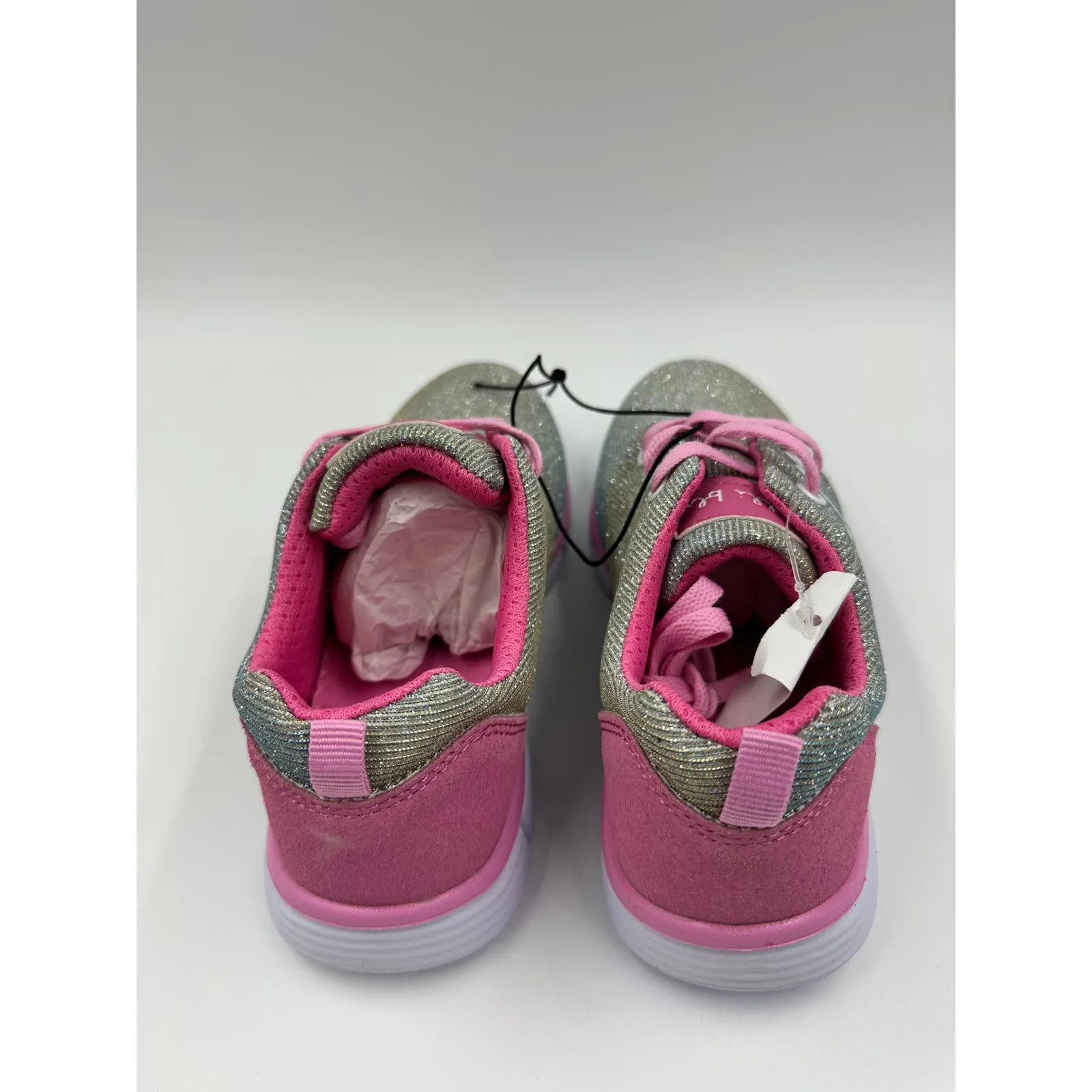 Big Kid Size 3, Pink Trim, Laces, and Suede heel, Silver Sparkly Sneakers