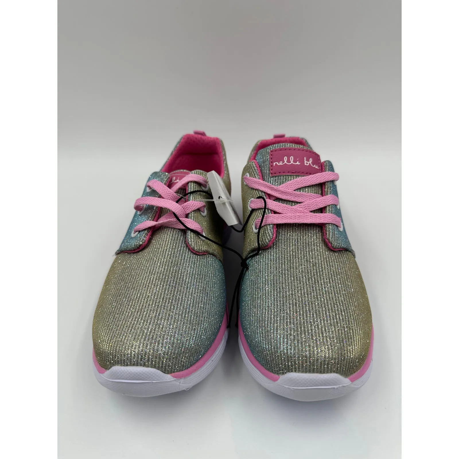 Big Kid Size 3, Pink Trim, Laces, and Suede heel, Silver Sparkly Sneakers