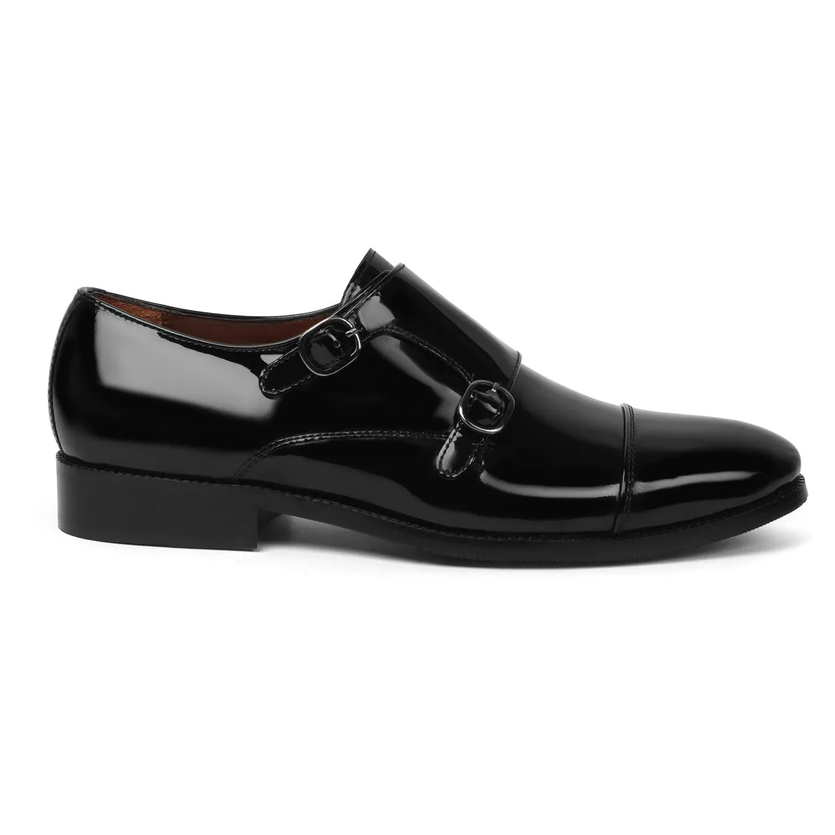 Black Patent Leather Rounded Cap Toe Double Monk Strap Formal Shoes By Brune & Bareskin