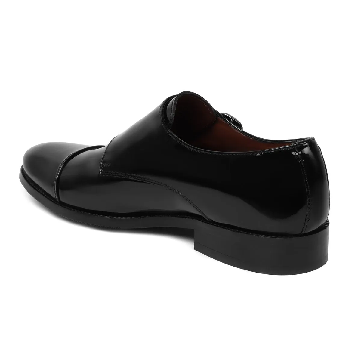 Black Patent Leather Rounded Cap Toe Double Monk Strap Formal Shoes By Brune & Bareskin