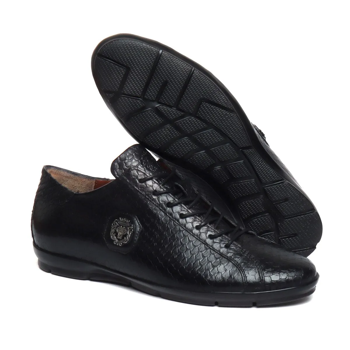 Black Snake Skin Textured Genuine Leather Light Weight Sneakers by Brune & Bareskin