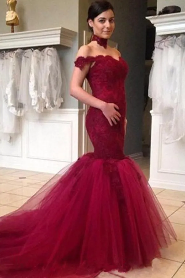 Bride Gowns Trumpet High Neck Fuchsia Mermaid Tulle Wedding Dress WD105