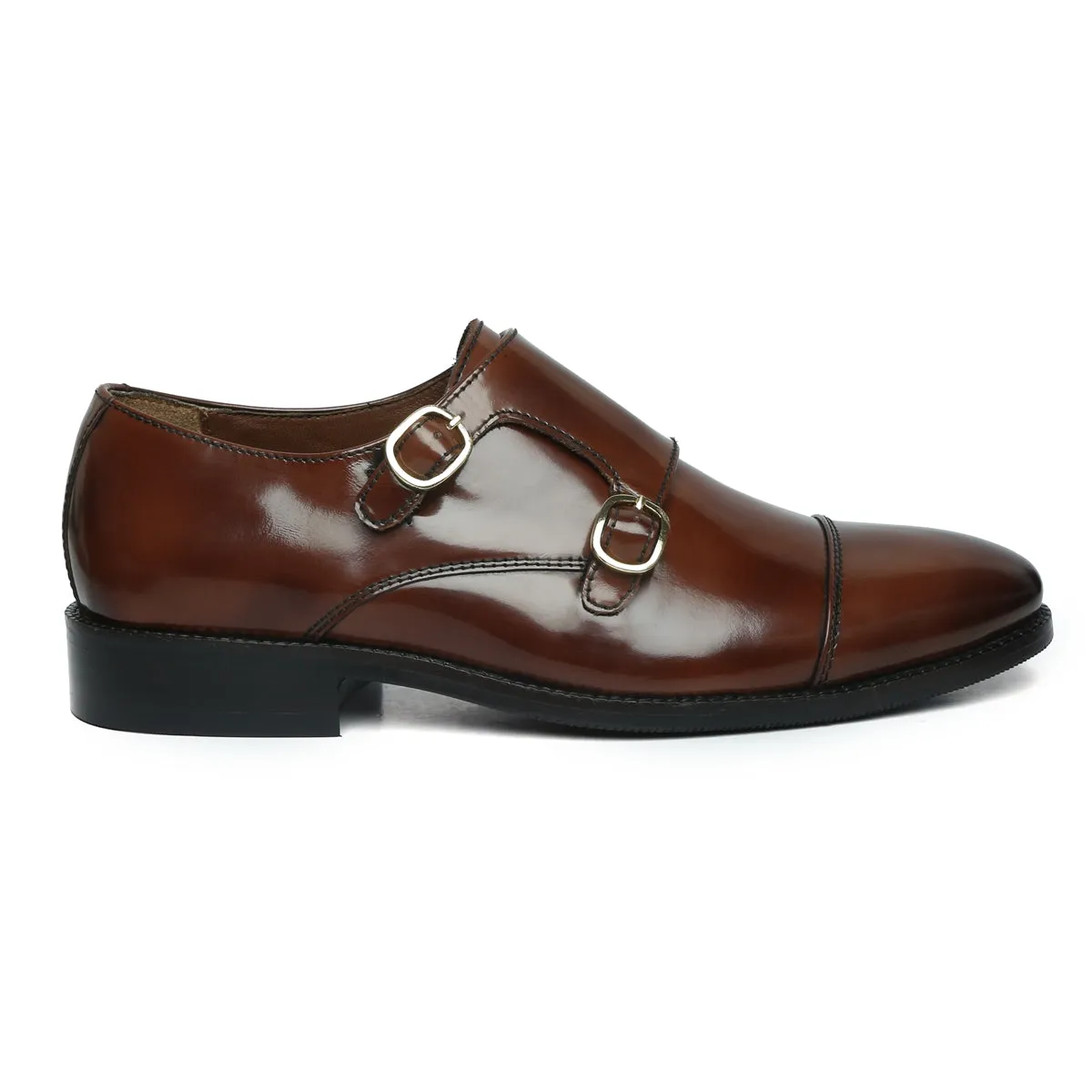 Brown Brushed Off Leather Rounded Cap Toe Double Monk Strap Formal Shoes By Brune & Bareskin