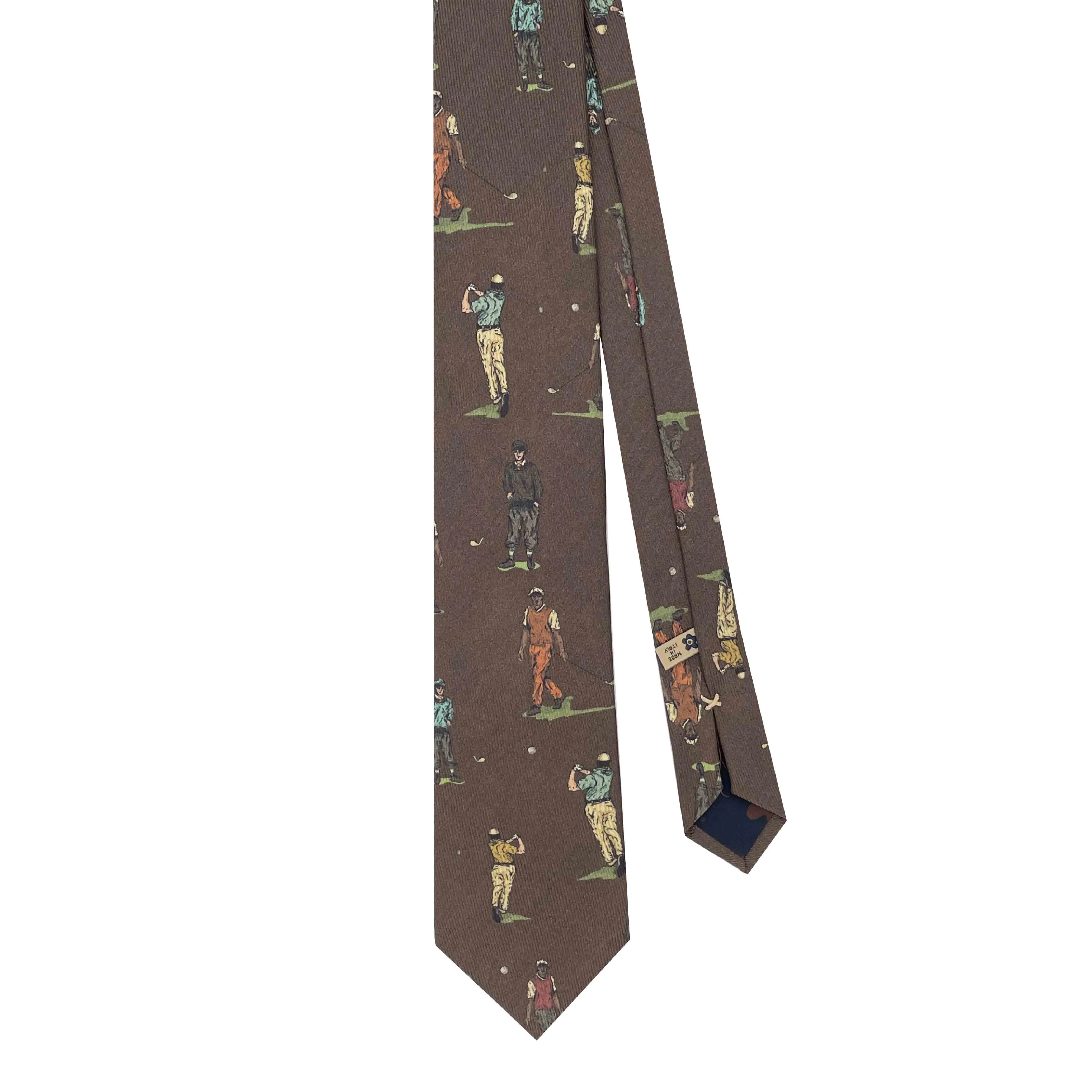 Brown golf design printed silk hand made archive tie