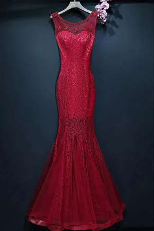 Burgundy  Long Prom Mermaid Formal Dress With Lace Sleeveless  PG690