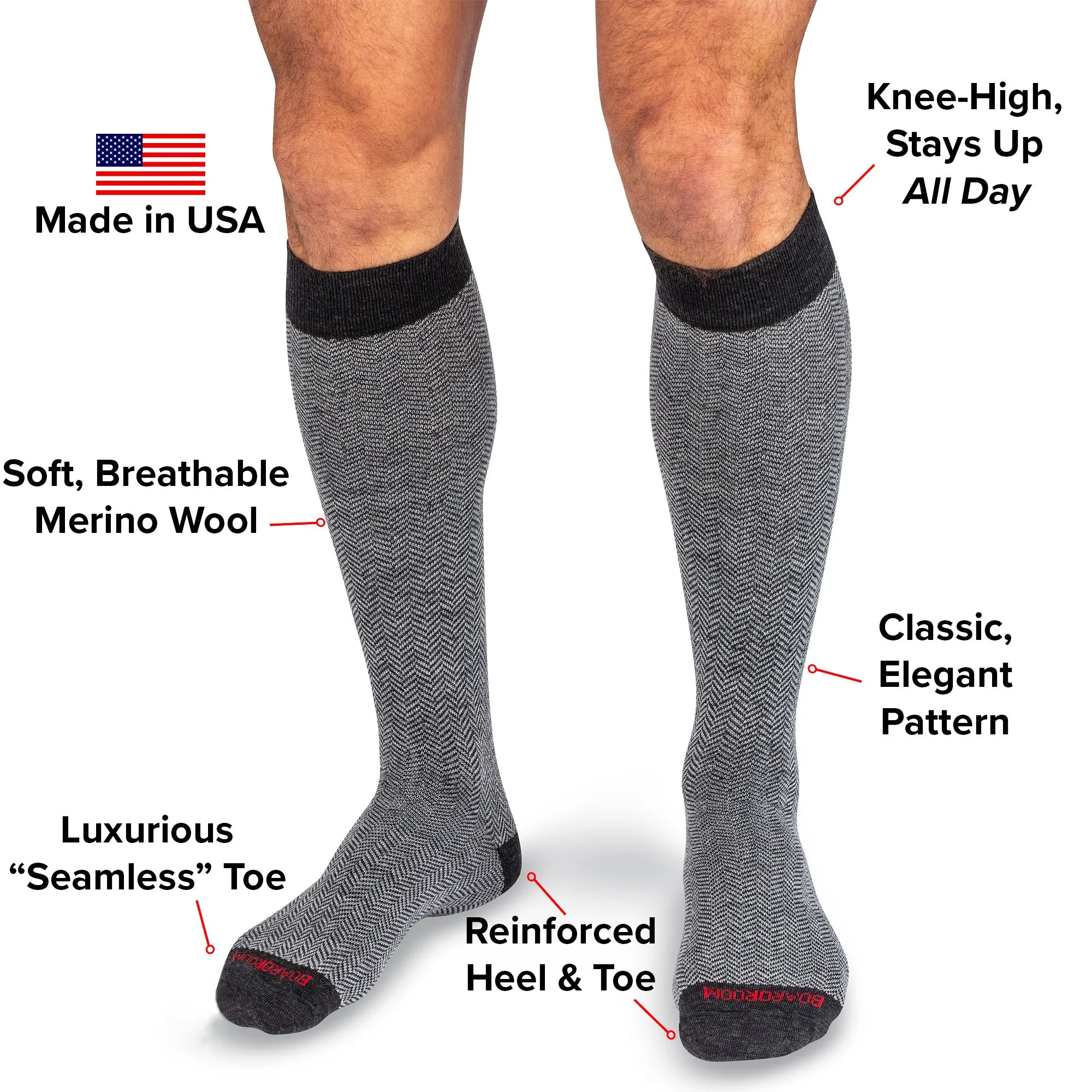 Charcoal and Light Grey Herringbone Merino Wool Over the Calf Dress Socks