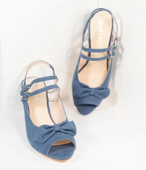 Chelsea Crew Blue Suede Peep Toe Bow Lady Heels