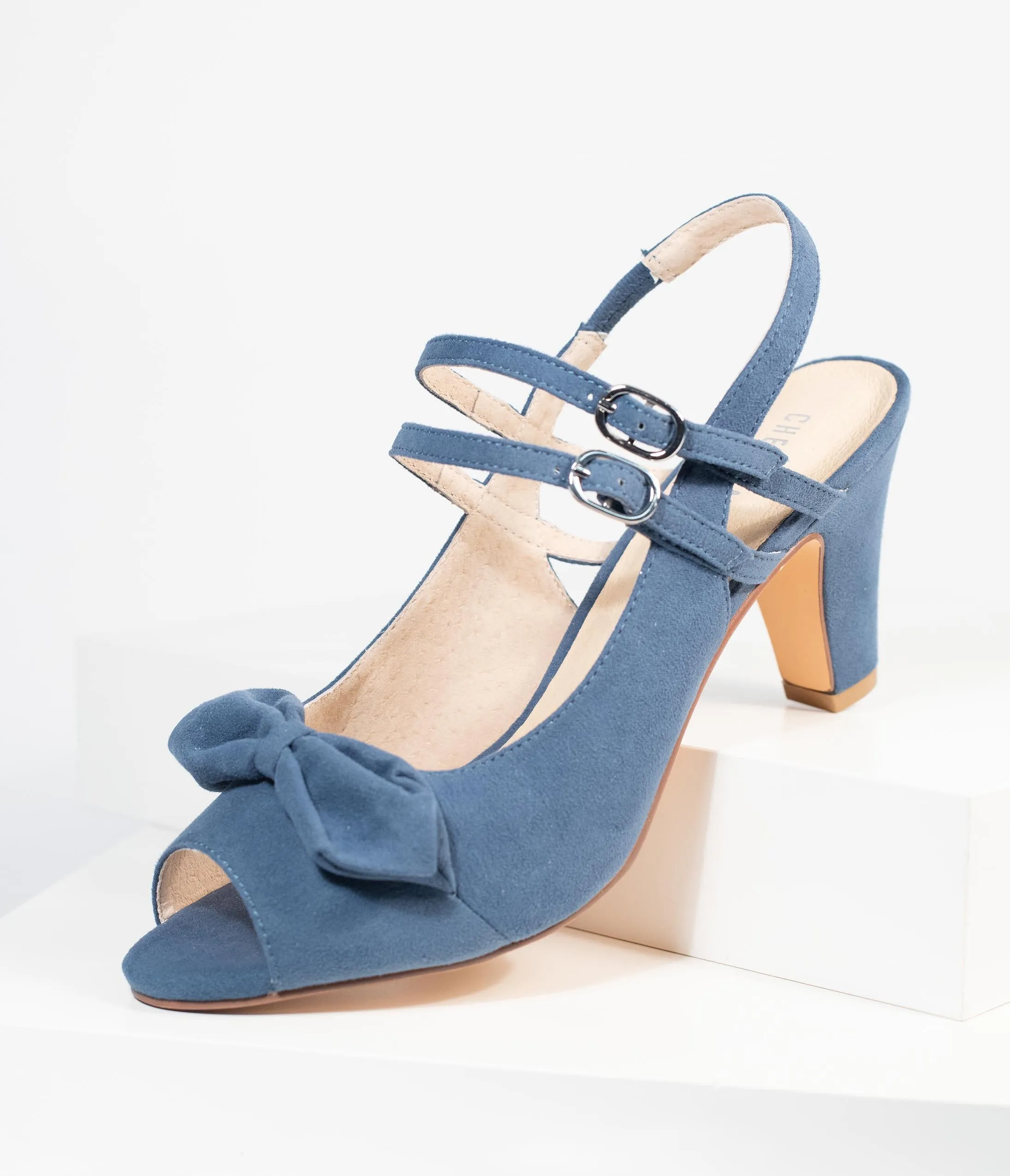 Chelsea Crew Blue Suede Peep Toe Bow Lady Heels