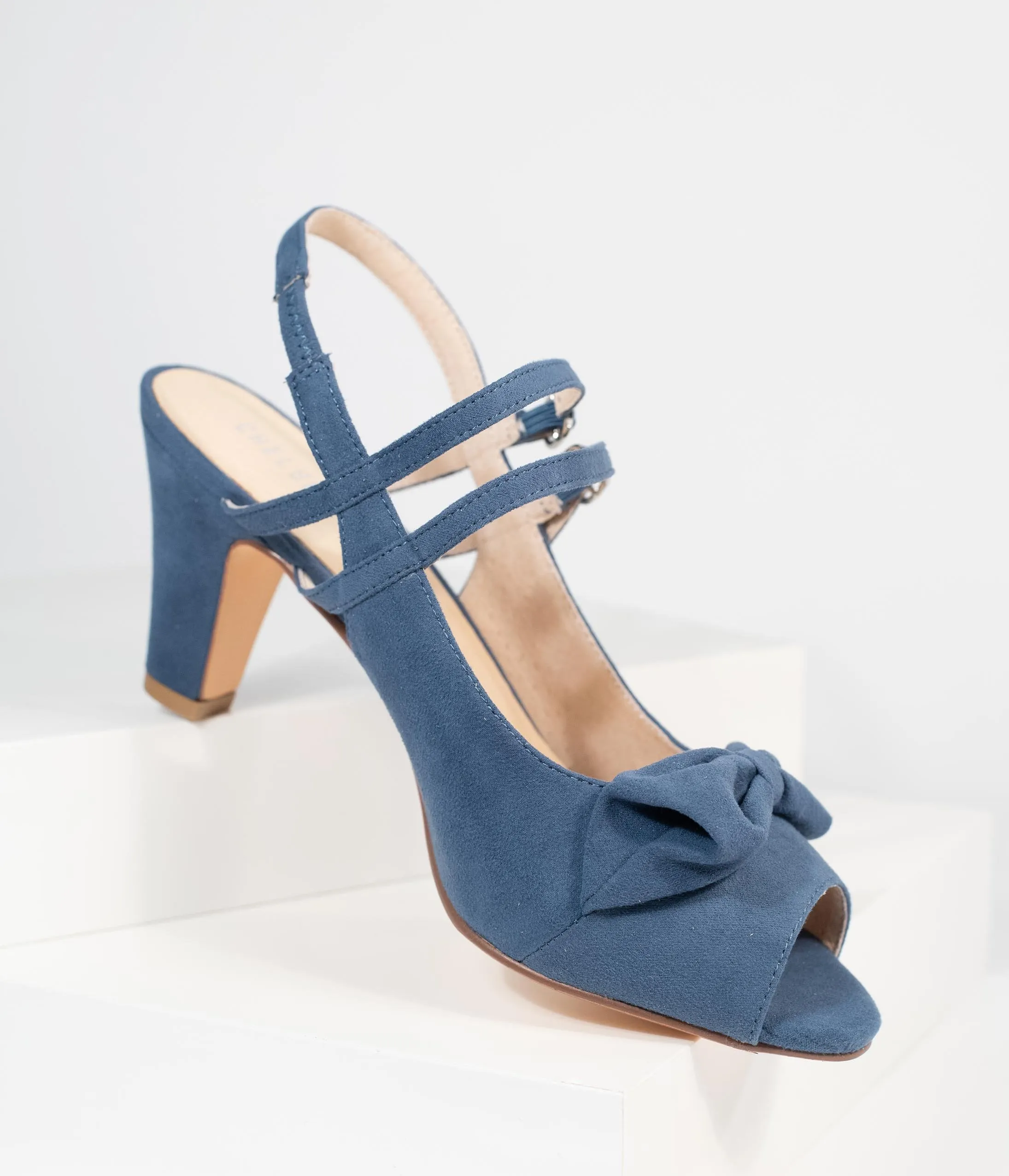 Chelsea Crew Blue Suede Peep Toe Bow Lady Heels