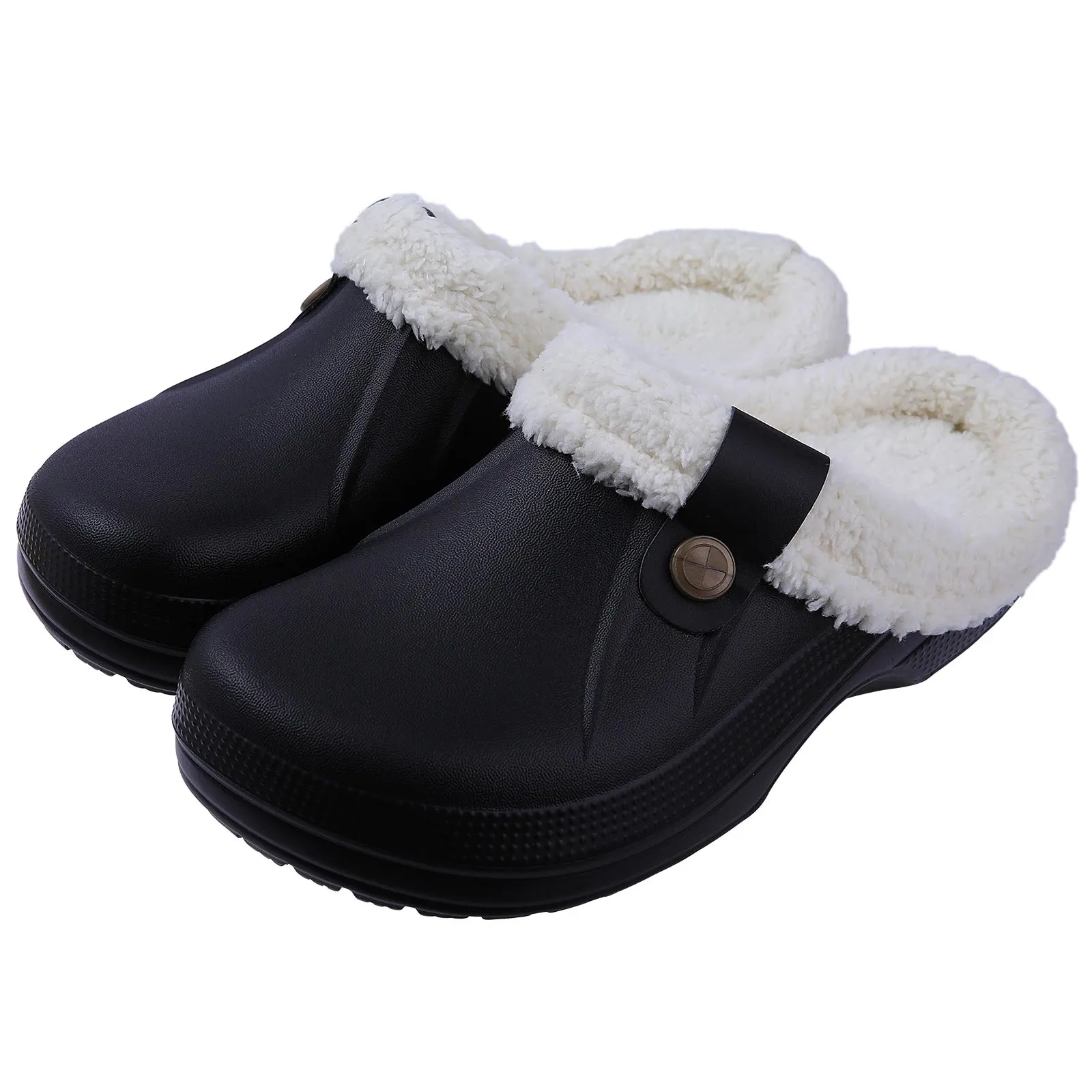 Comwarm Fur Lined Clogs For Women Men Winter Warm Slippers Garden Shoes Waterproof Plush Slippers Couples Home Eva Fuzzy Shoes