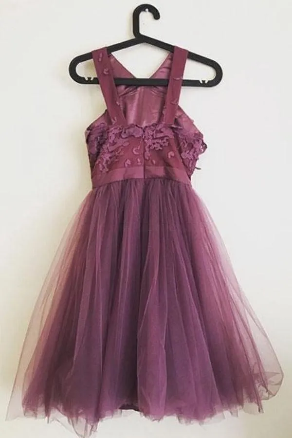 Cute A-line  Applique Tulle  Purple Homecoming Dresses PD300