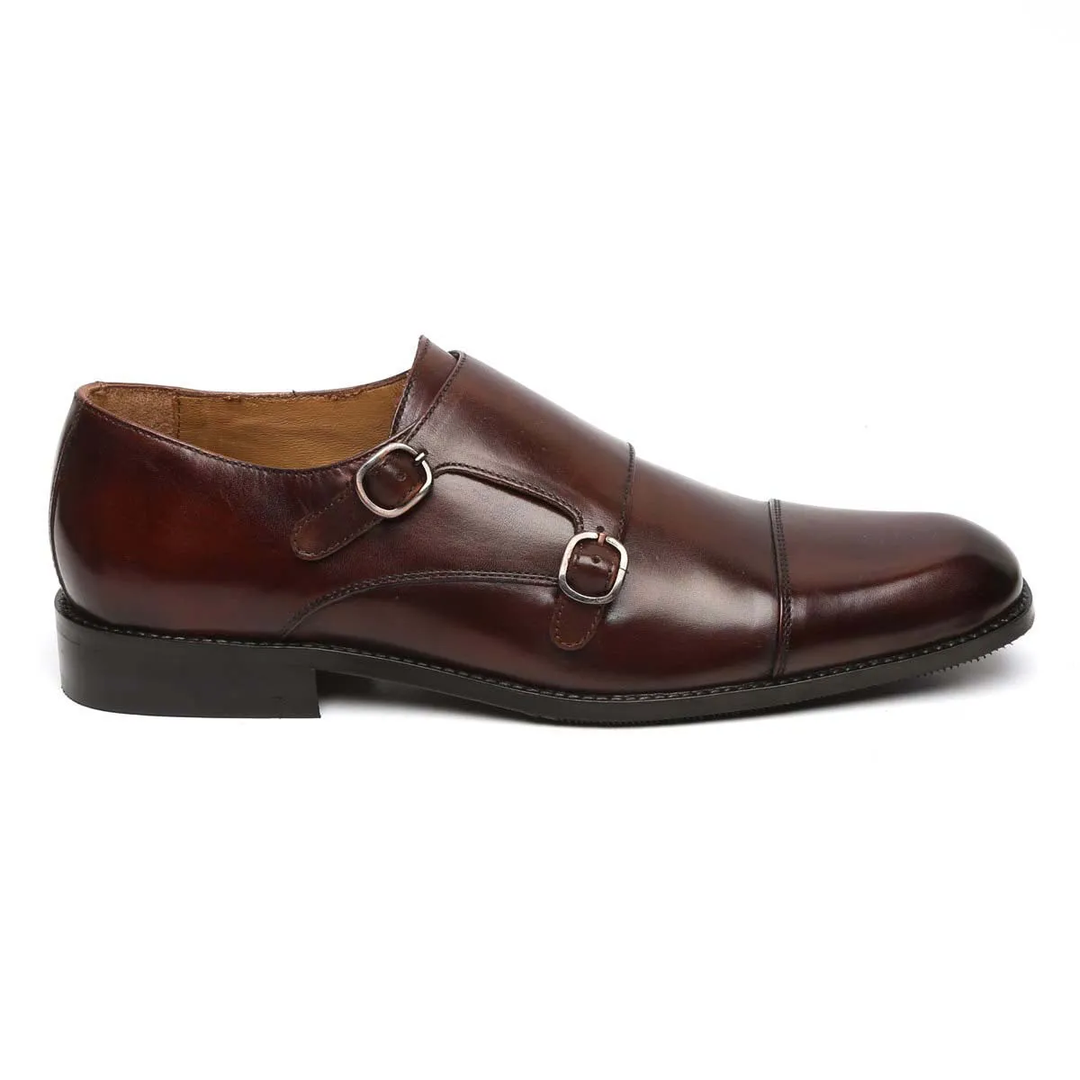 Dark Brown Genuine Leather Cap Toe Double Monk Strap Formal Shoes By Brune & Bareskin