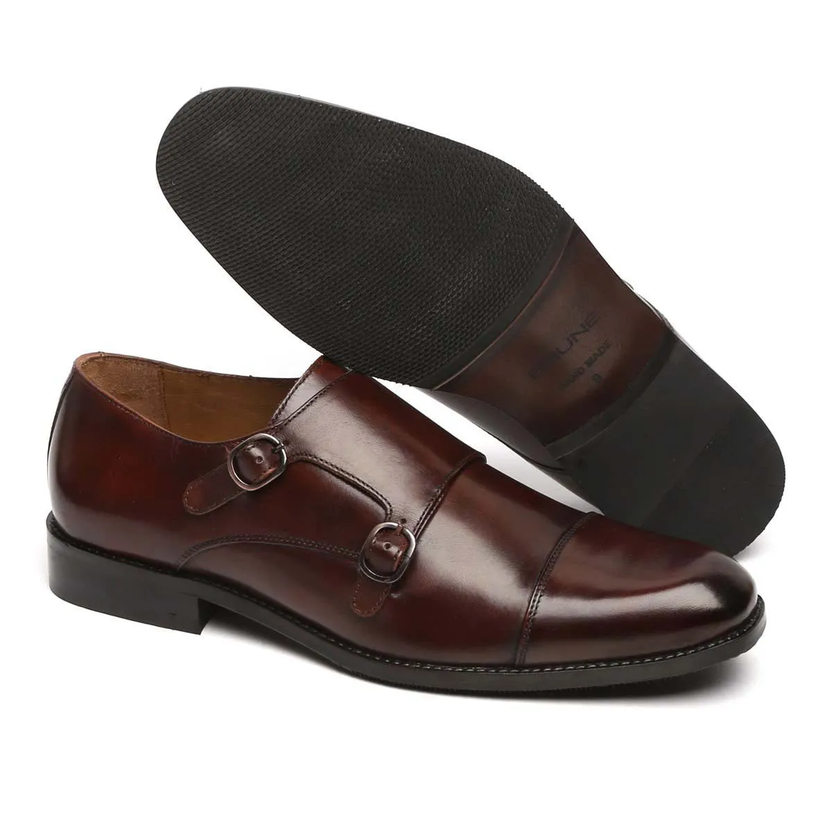 Dark Brown Genuine Leather Cap Toe Double Monk Strap Formal Shoes By Brune & Bareskin