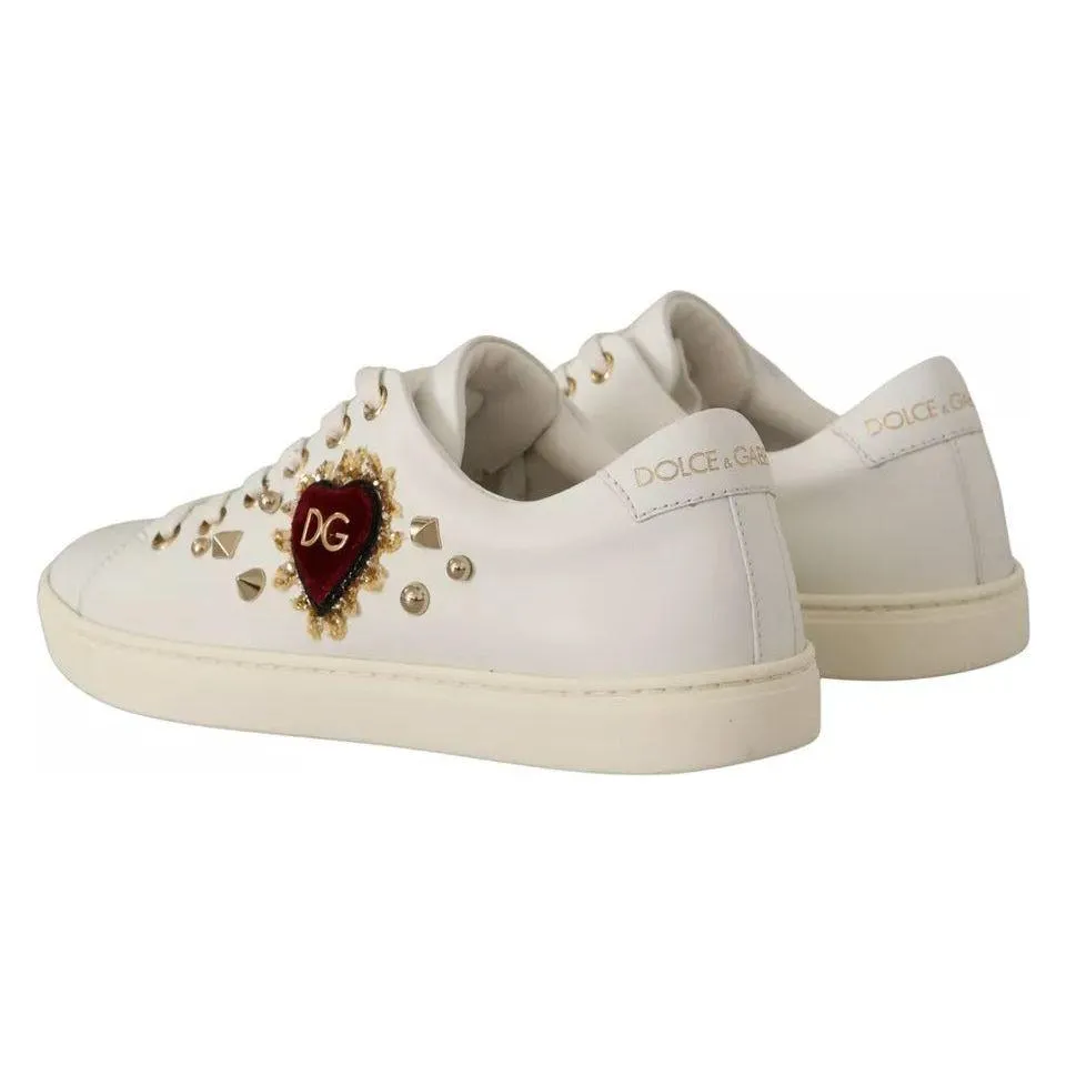 Dolce & Gabbana White Leather Gold Red Heart Sneakers Shoes