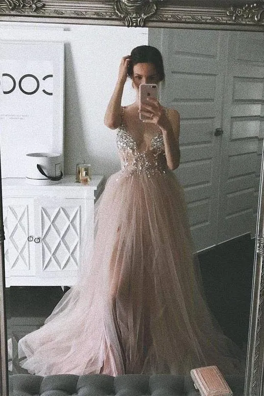 Dusty Pink Sparkly V Neck A Line Tulle Long Prom/Evening Dress  PG875