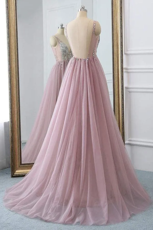 Dusty Pink Sparkly V Neck A Line Tulle Long Prom/Evening Dress  PG875