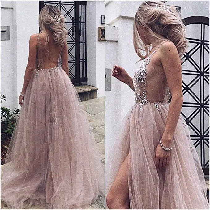 Dusty Pink Sparkly V Neck A Line Tulle Long Prom/Evening Dress  PG875