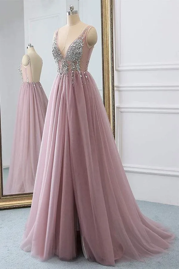 Dusty Pink Sparkly V Neck A Line Tulle Long Prom/Evening Dress  PG875