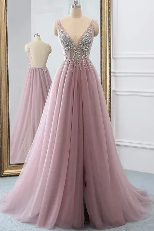 Dusty Pink Sparkly V Neck A Line Tulle Long Prom/Evening Dress  PG875