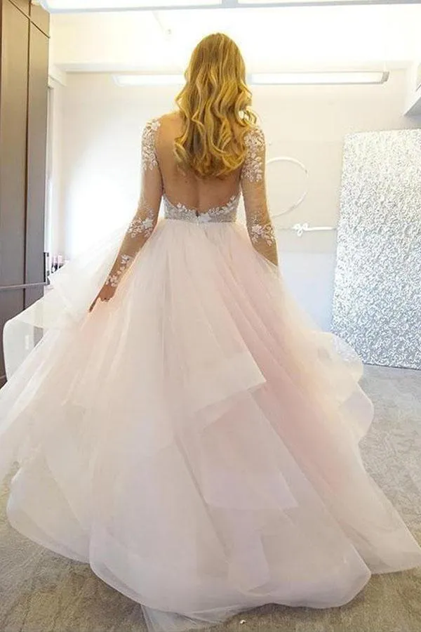 Elegant A-Line Long Sleeves Tulle Wedding Dresses With Appliques WD036