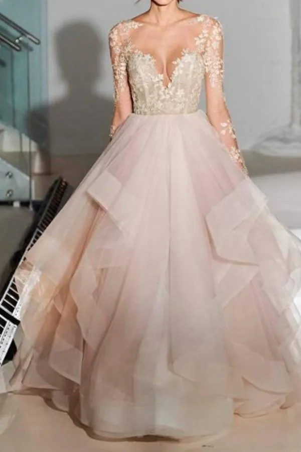 Elegant A-Line Long Sleeves Tulle Wedding Dresses With Appliques WD036