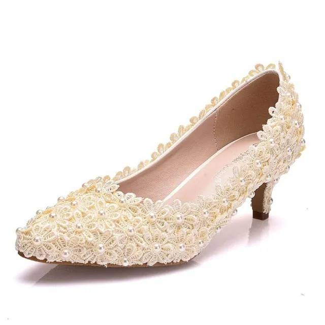 Fabric Flower Pearl Bridal Wedding Shoes Sweet Thin Low Heel Party Dress Pumps