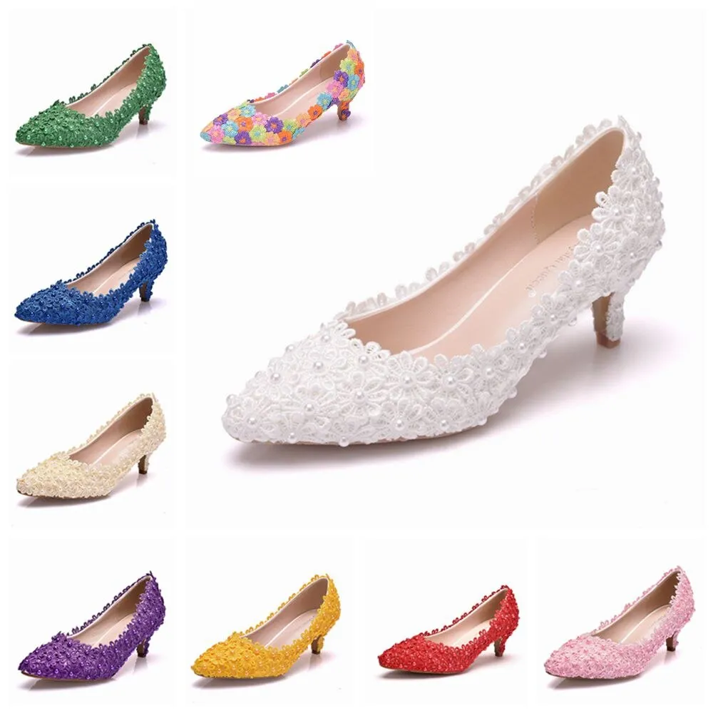 Fabric Flower Pearl Bridal Wedding Shoes Sweet Thin Low Heel Party Dress Pumps