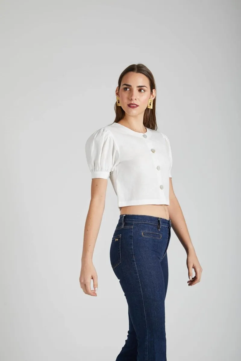 Flame Puff Sleeve Top White