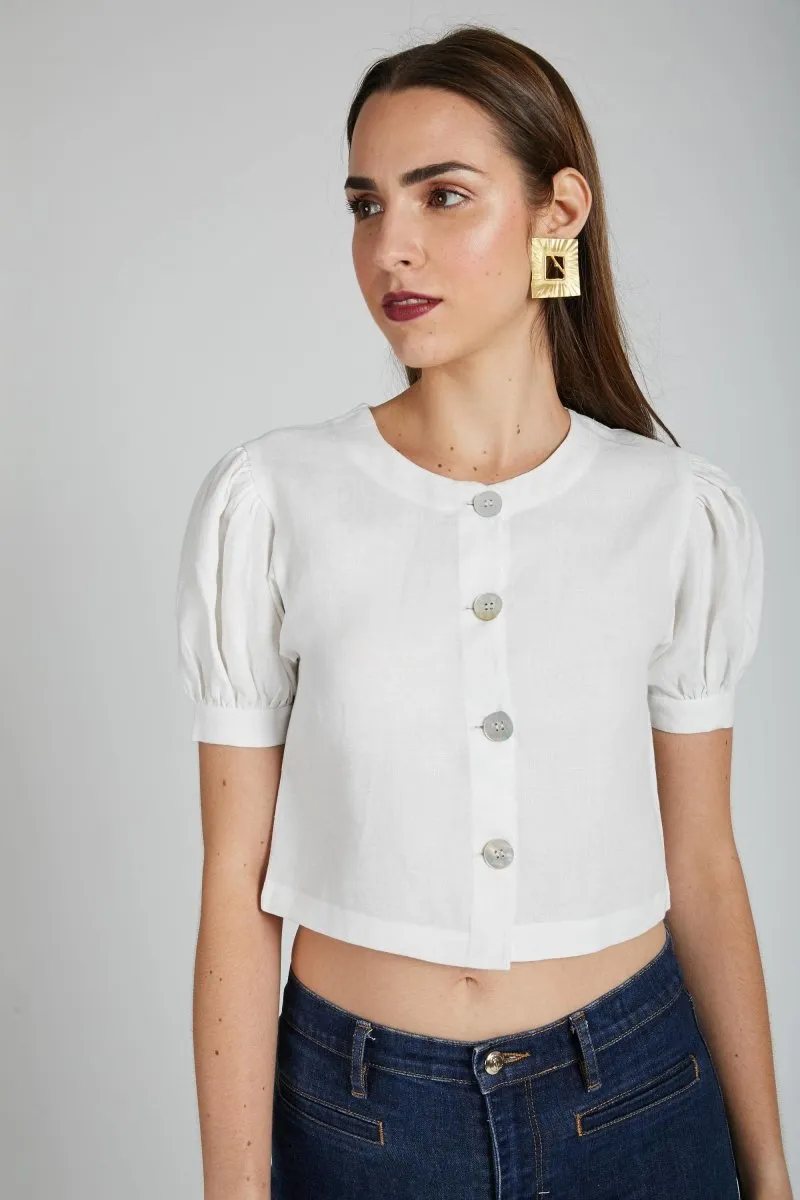 Flame Puff Sleeve Top White