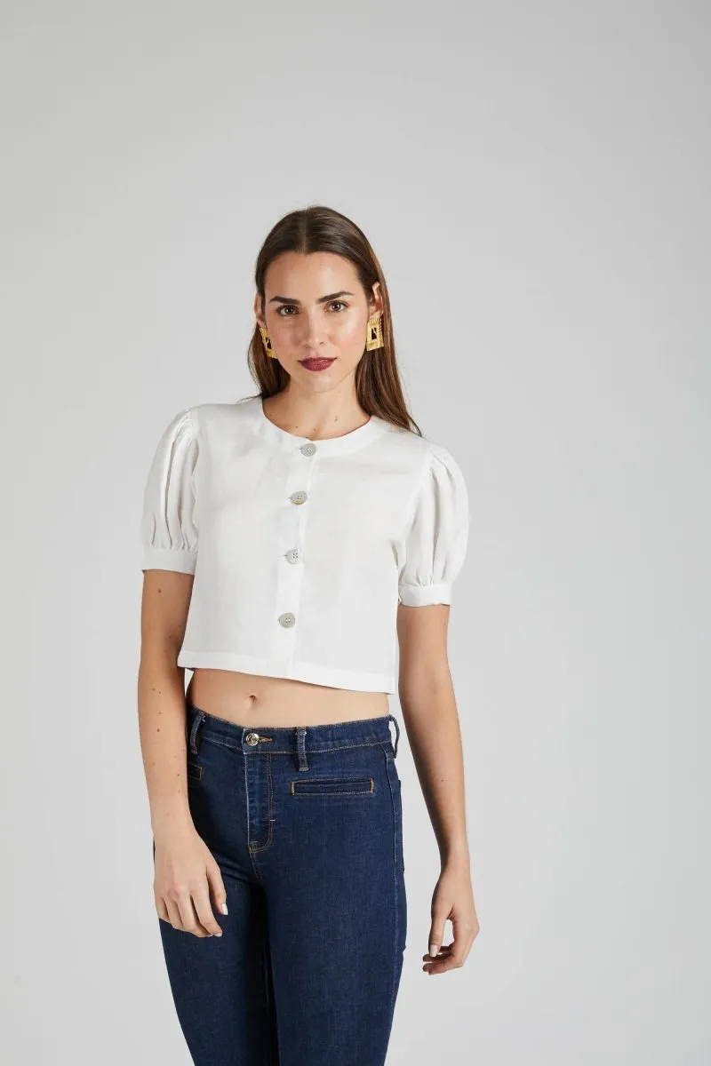 Flame Puff Sleeve Top White