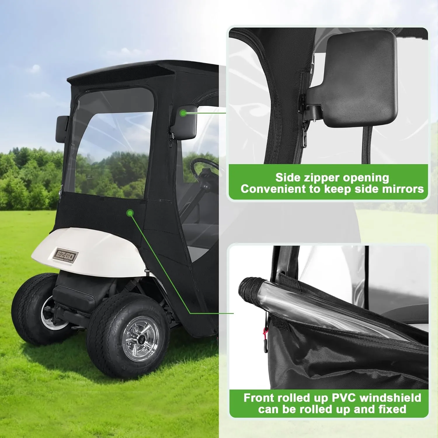 Golf Cart Enclosure with 2 Door Zippers for EZGO TXT/RXV 600D Rain Cover - 10L0L