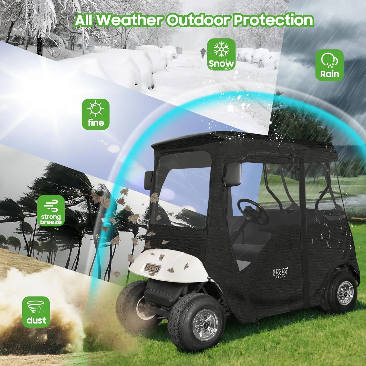 Golf Cart Enclosure with 2 Door Zippers for EZGO TXT/RXV 600D Rain Cover - 10L0L