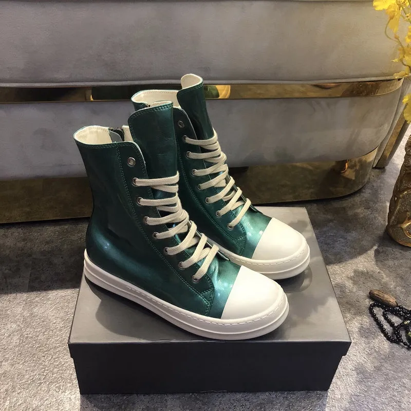 High-Top Metallic Green Leather Sneakers