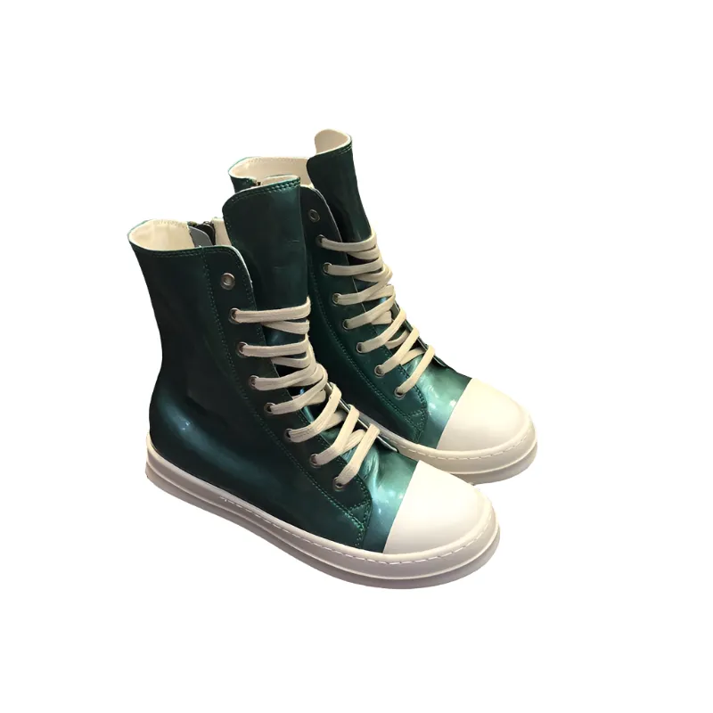 High-Top Metallic Green Leather Sneakers