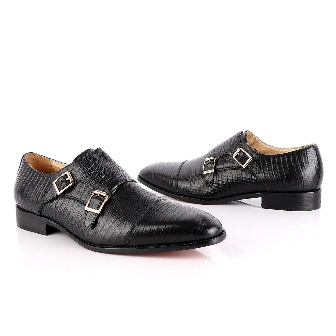 John Foster Double Monk-Strap Croc Black Leather Shoe