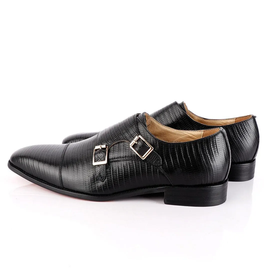 John Foster Double Monk-Strap Croc Black Leather Shoe